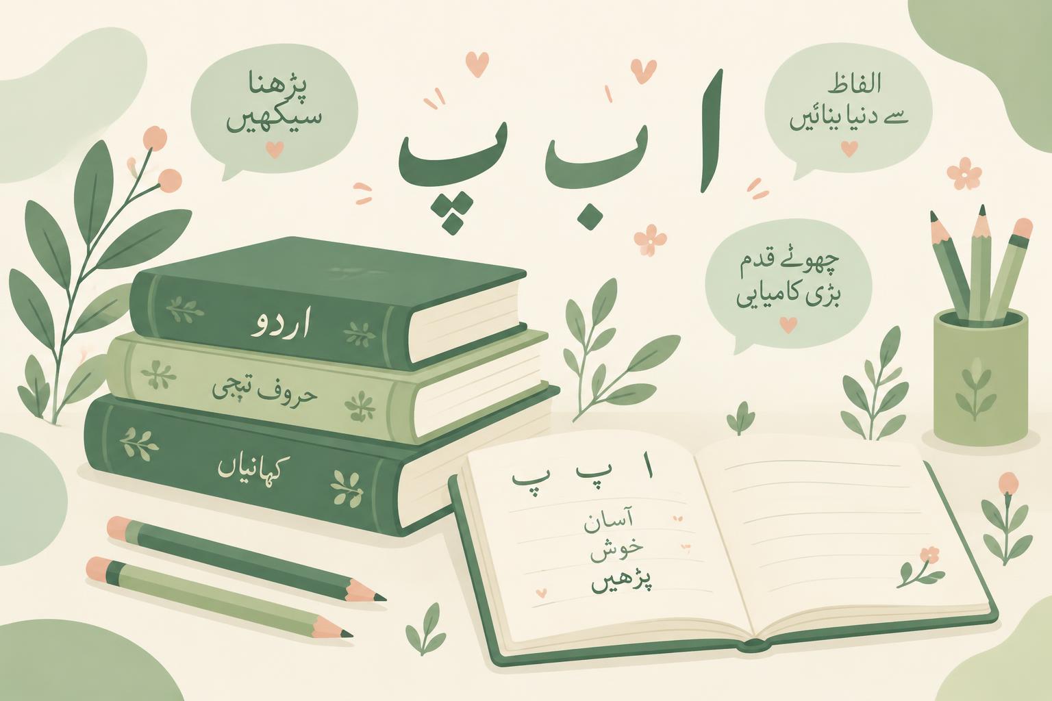 Illustration of Urdu books, a notebook, pencils and speech bubbles with Urdu letters