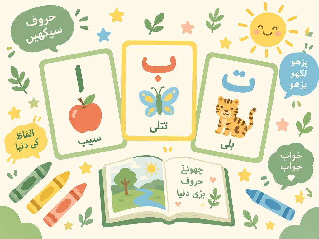 Colourful Urdu alphabet flashcards, crayons and a picture book